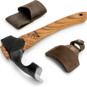 Curved Forged Adze Axe with Wooden Handle and Leather Sheath