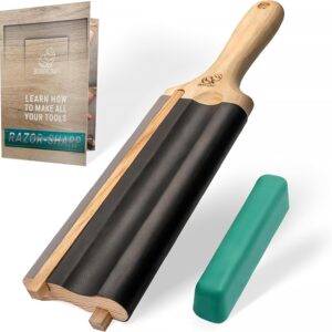 Leather Sharpening Strop with Wood Handle and Polishing Compound Bar